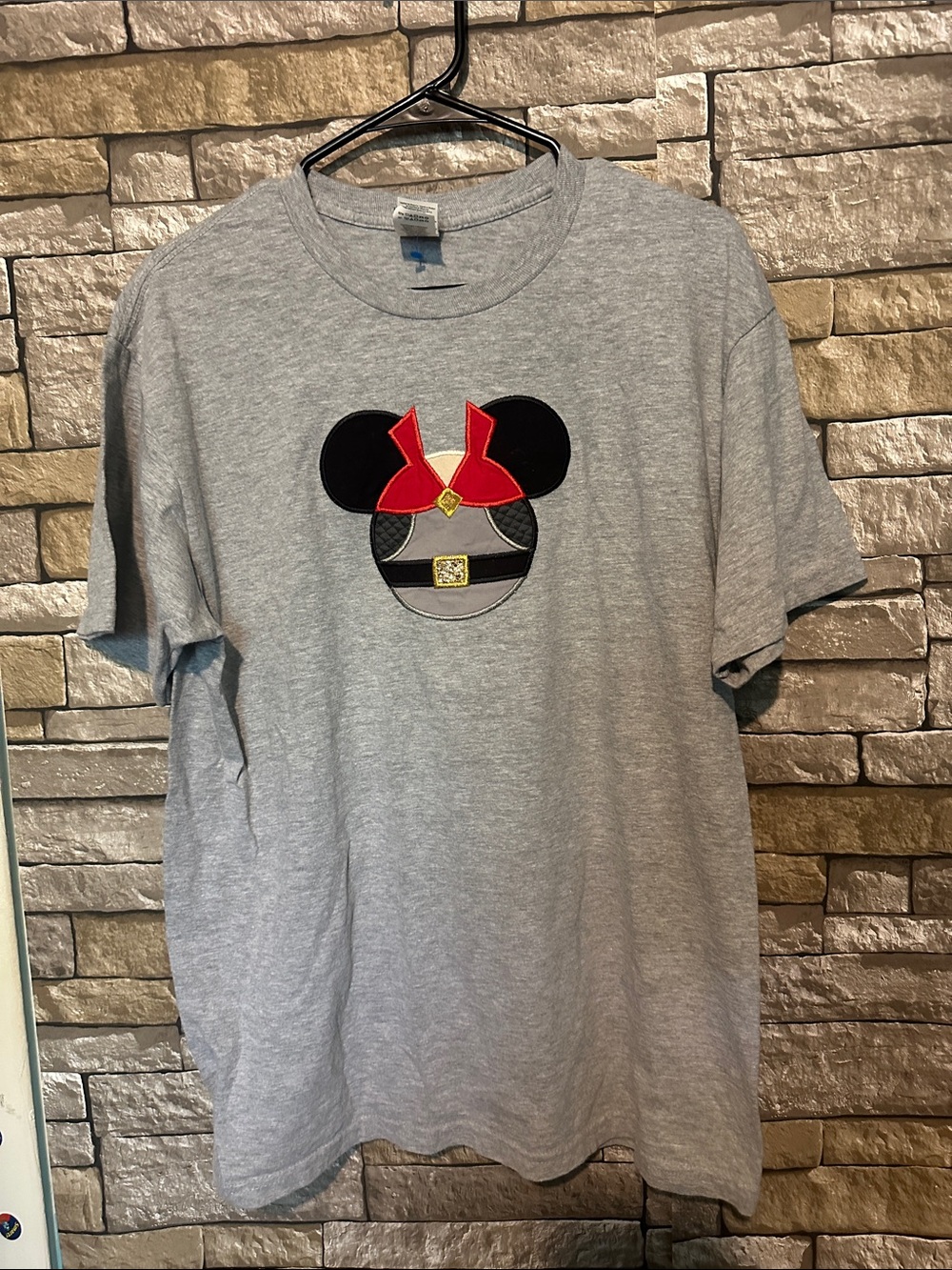 Gildan Gray Short Sleeve Tee with Red & Black Mickey-Inspired Patch